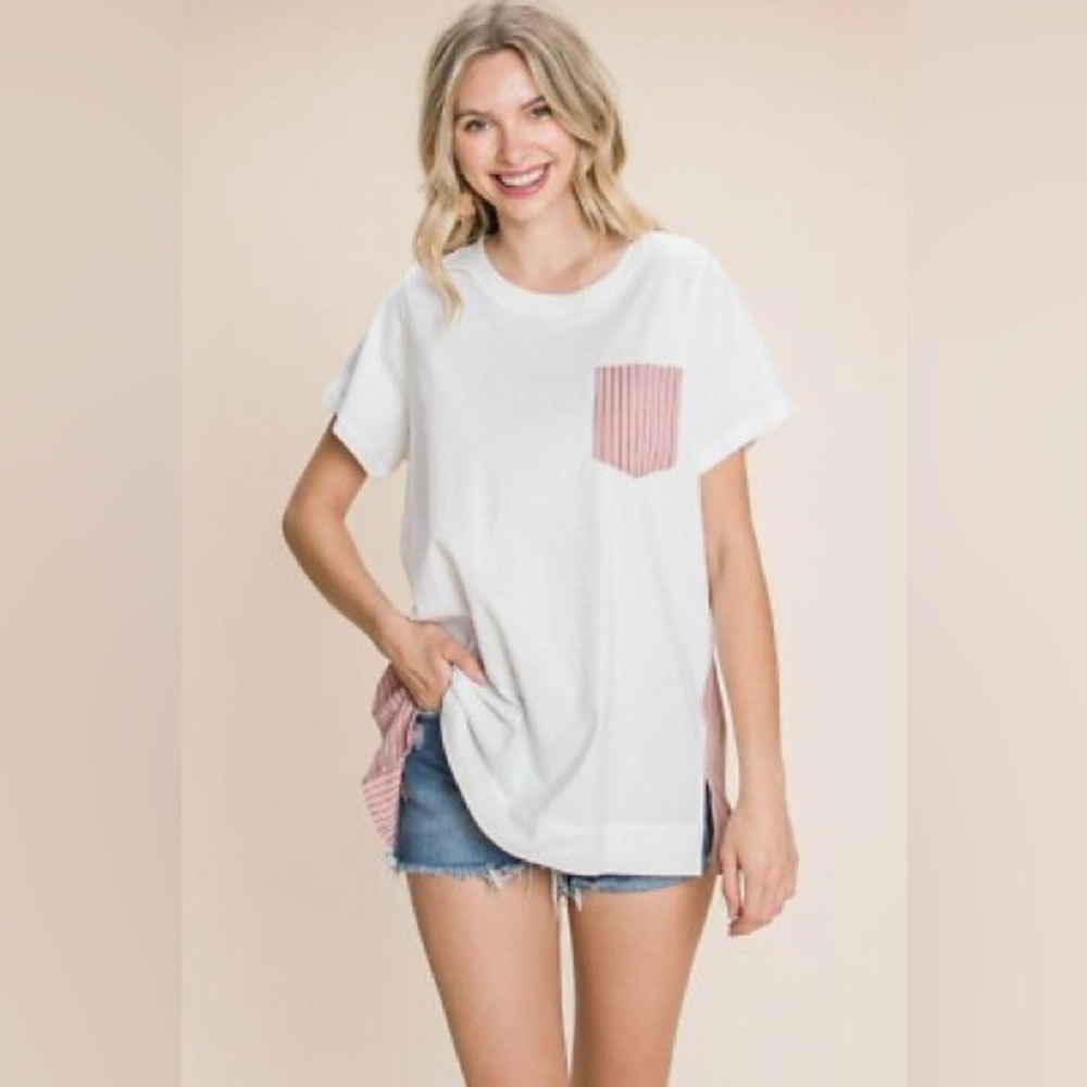 NWT Cotton Bleu Pink Striped Contrast Back Oversized Tee Size Small